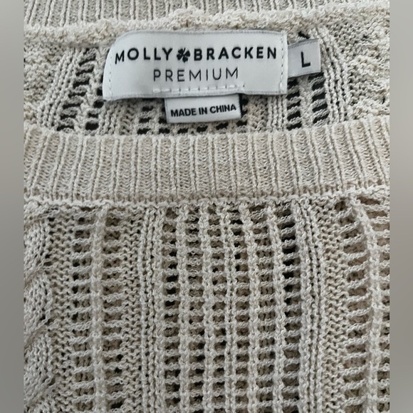 Molly Bracken Open Knit Cream Sweater with Ruffle Sleeves - Size Large - Picture 7 of 11